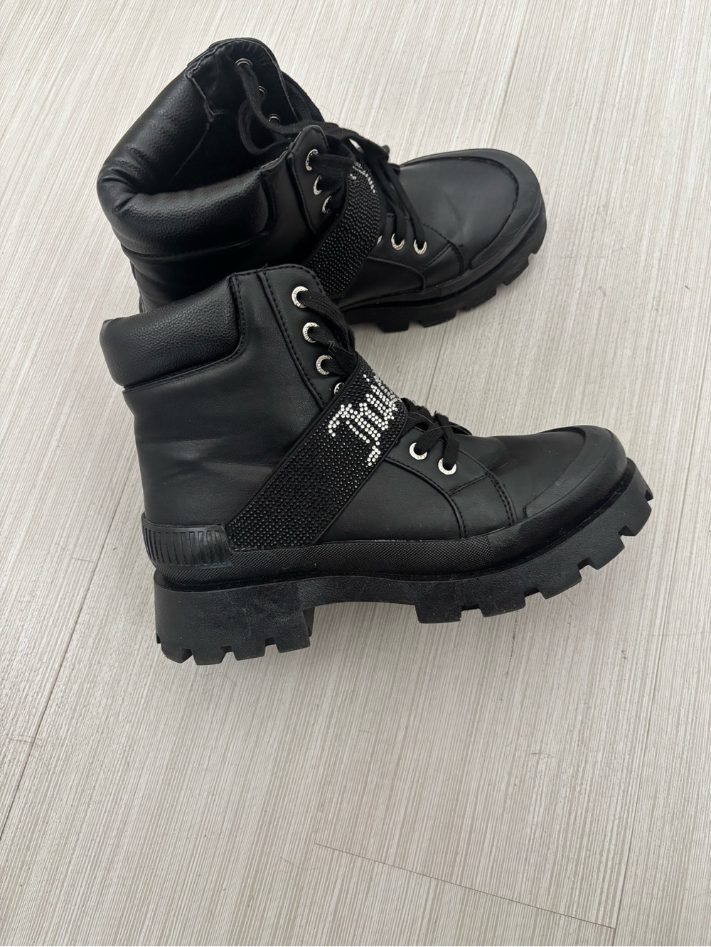 Juicy Couture Black Combat Boots with Pink Label